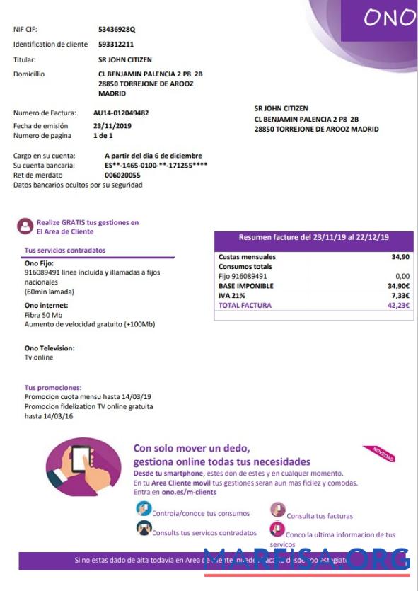 Realistic Spain ONO easy fillable utility bill template in Word and PDF format (.doc and .pdf)